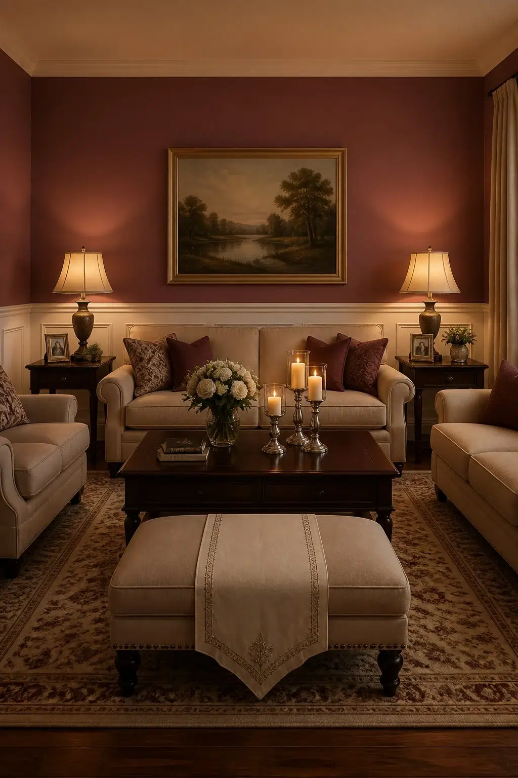 A traditional living room painted in Aged Wine
