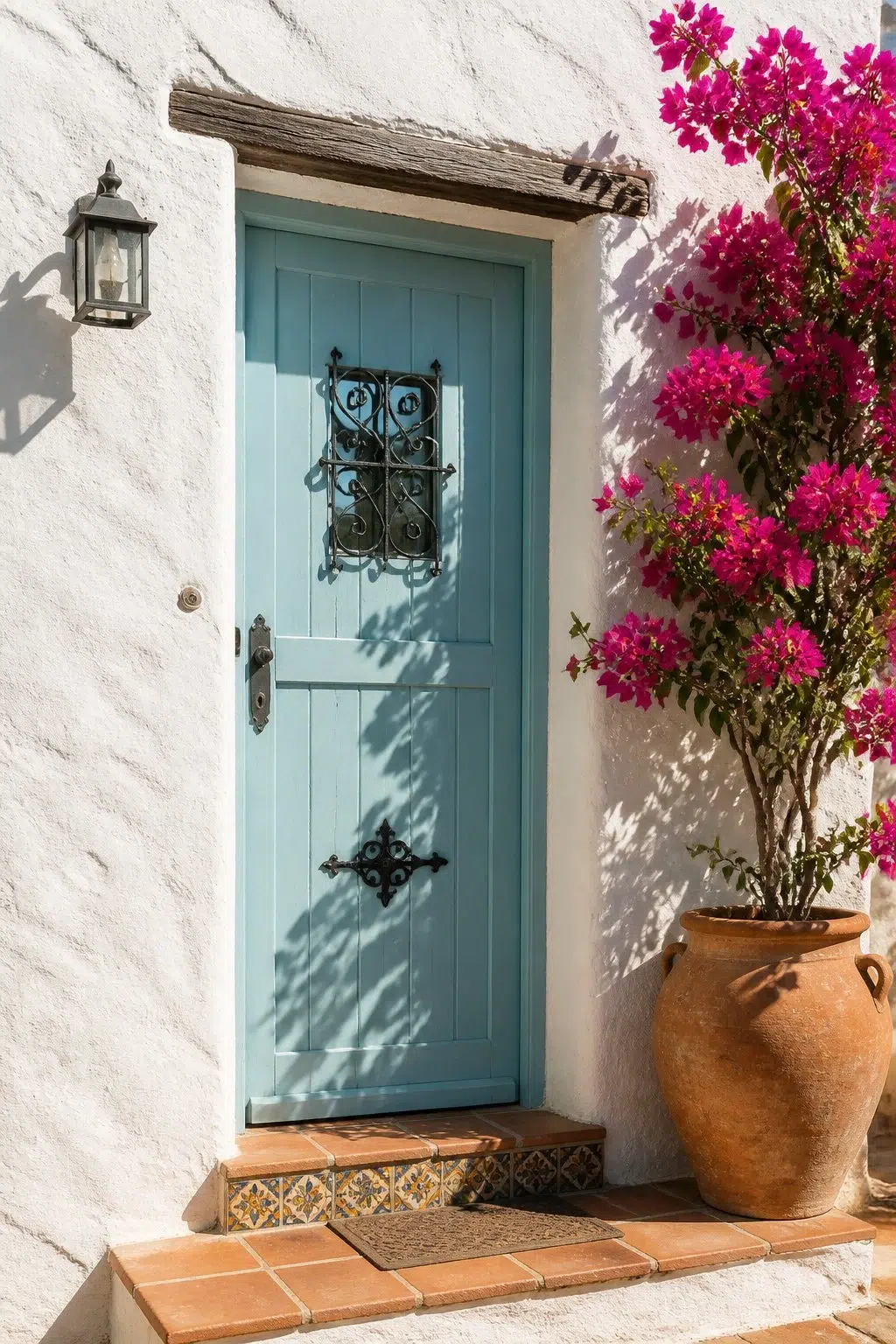 mediterranean front door featuring Agua Fría by Sherwin-Williams