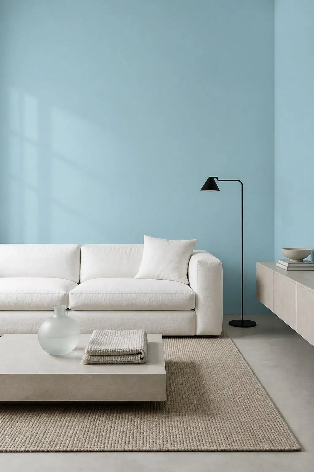 A minimalist living room painted in Agua Fría