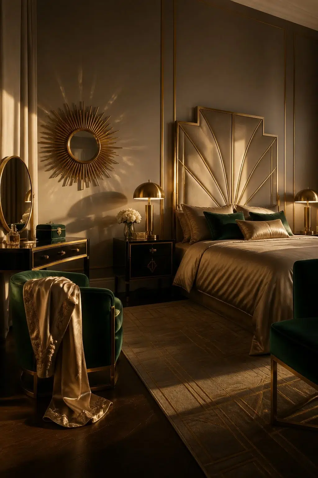 A art deco bedroom painted in Alloy