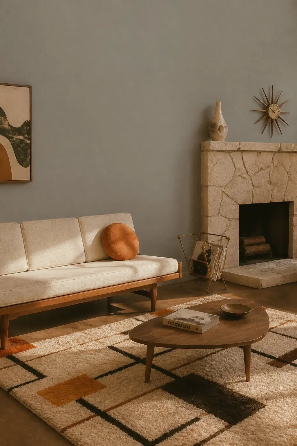 A mid century living room painted in Alloy