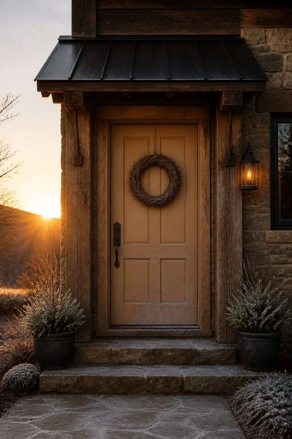 rustic modern front door featuring Almond Roca by Sherwin-Williams