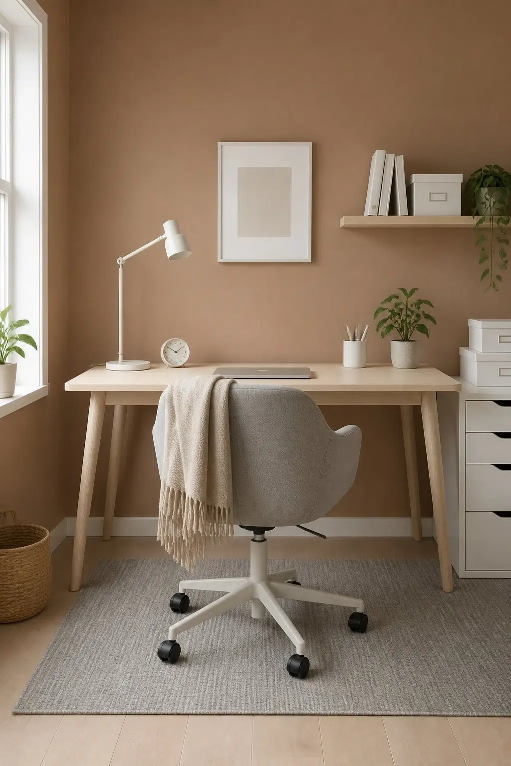 Sherwin-Williams Almond Roca in a scandinavian home office