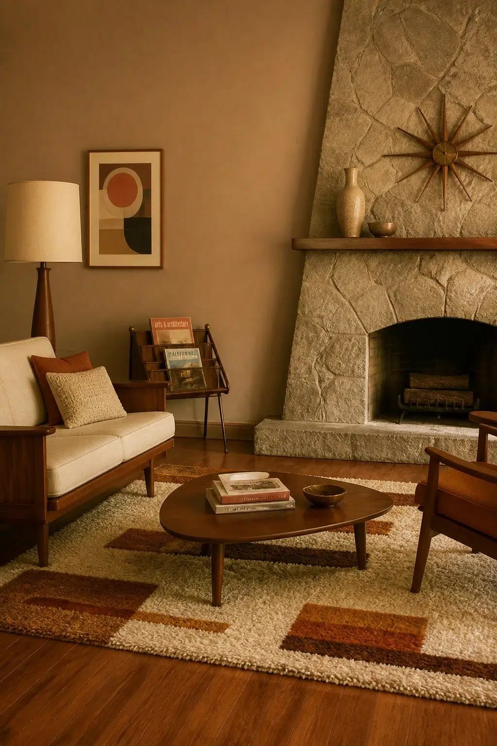 A mid century living room painted in Almond Roca