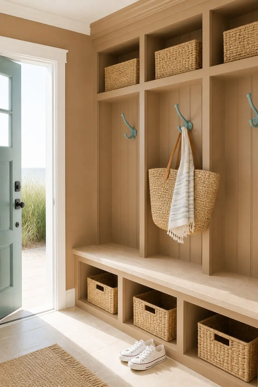 Almond Roca paint in a coastal mudroom