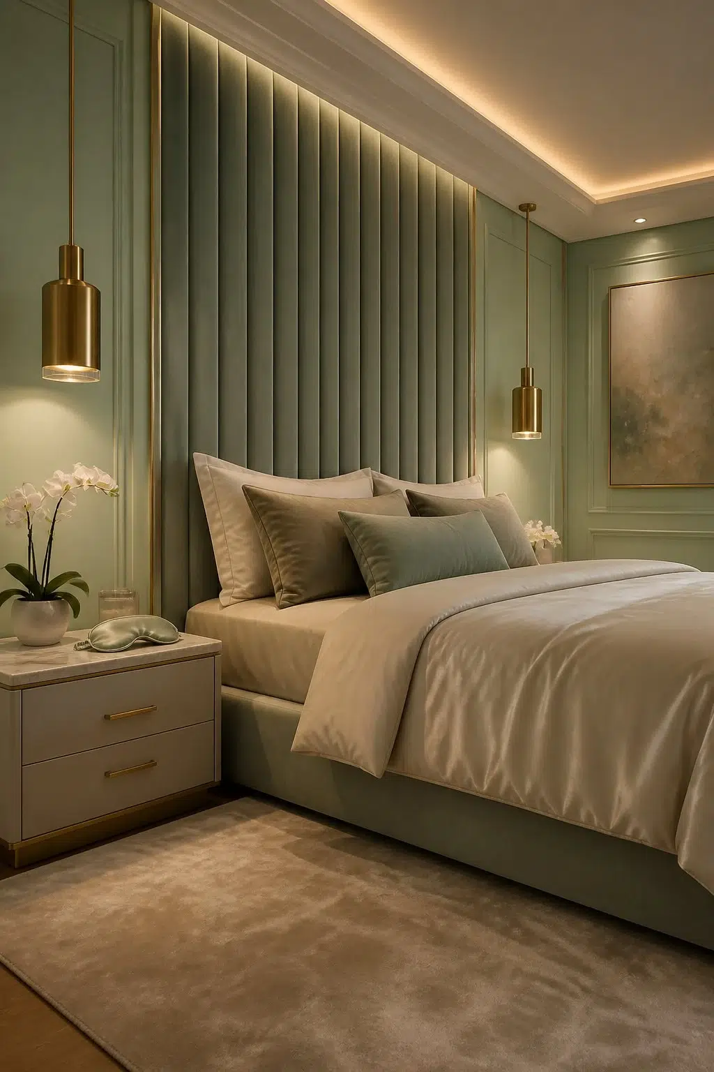 A modern luxury bedroom painted in Aloe