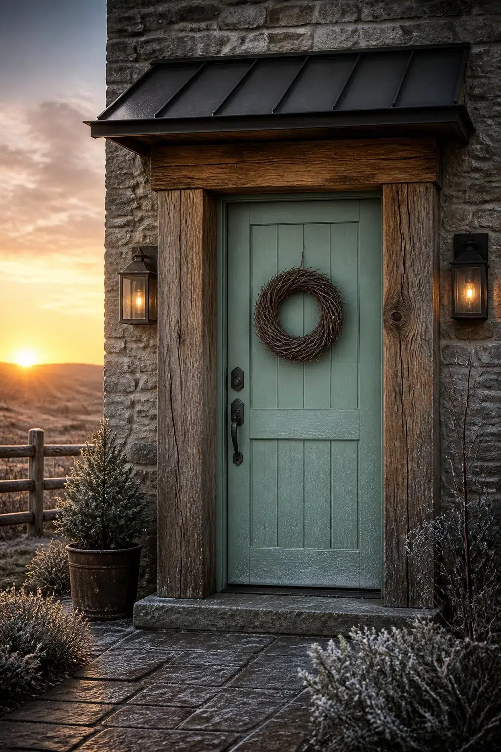 rustic modern front door featuring Aloe by Sherwin-Williams