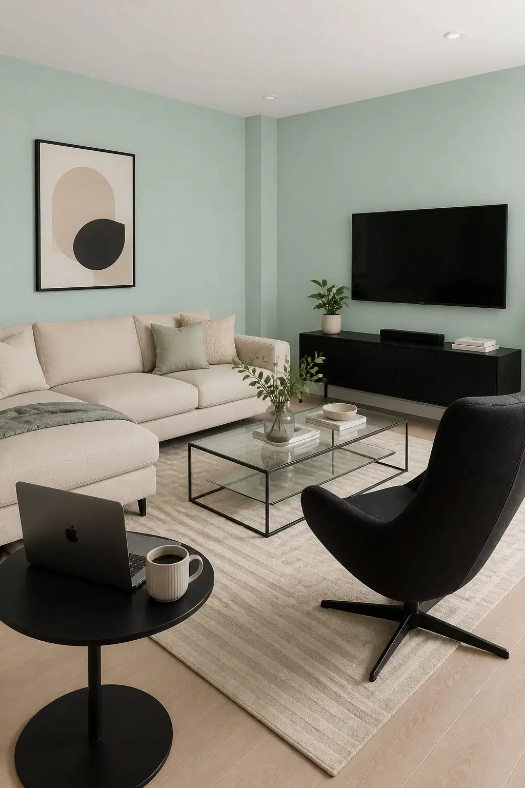 A contemporary living room painted in Aloe