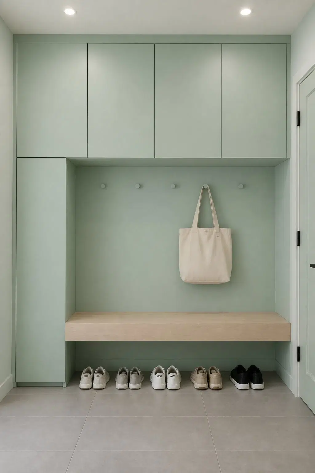 Aloe paint in a neutral mudroom