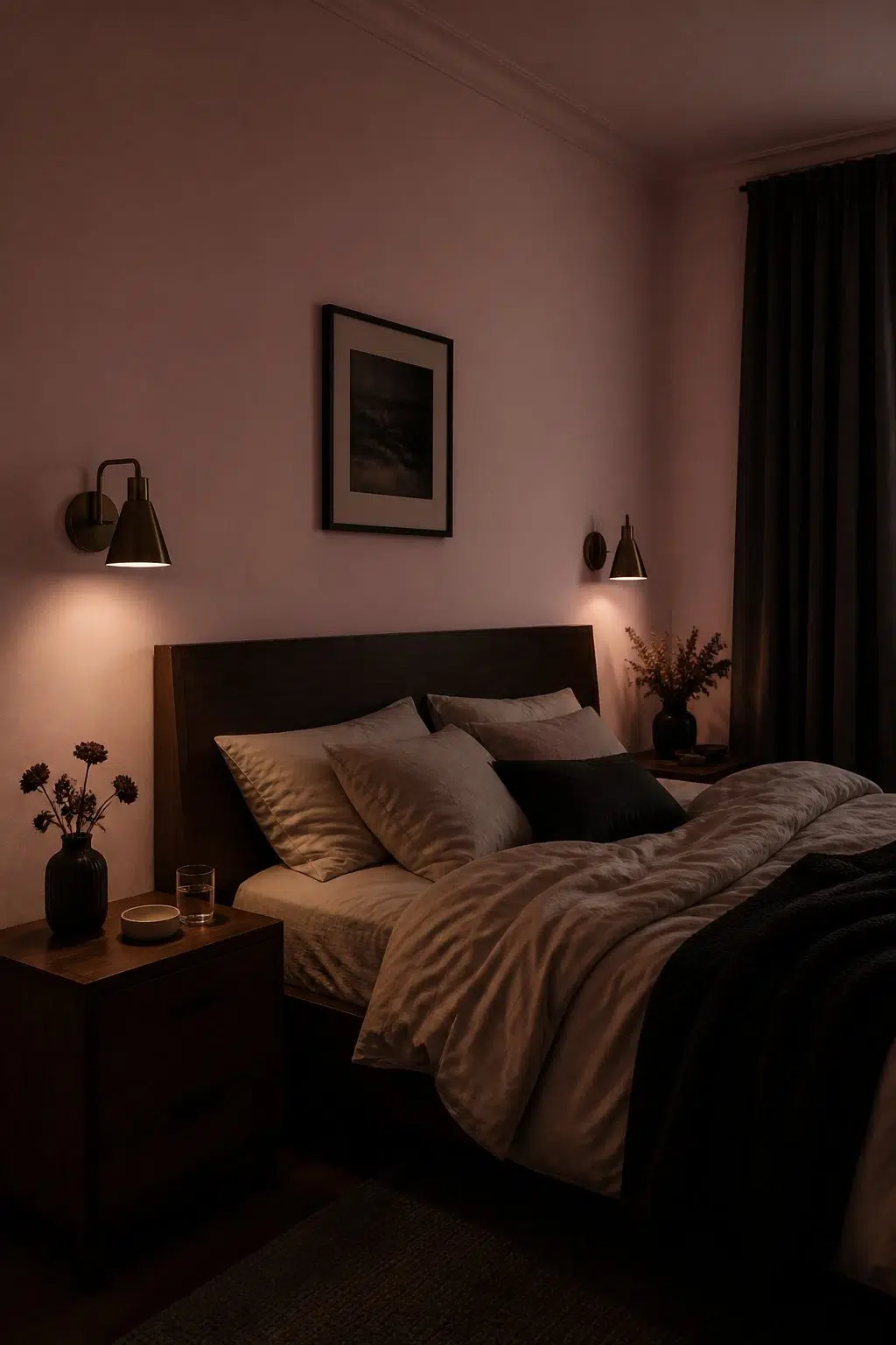 A moody bedroom painted in Alyssum