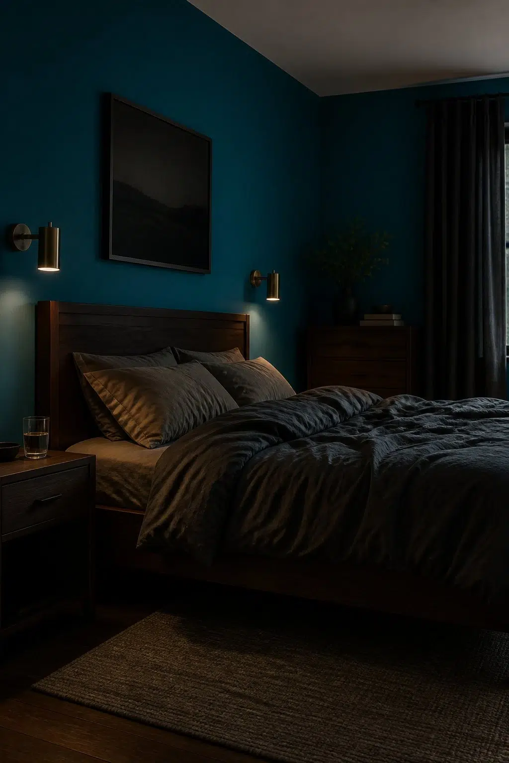 A moody bedroom painted in Amalfi