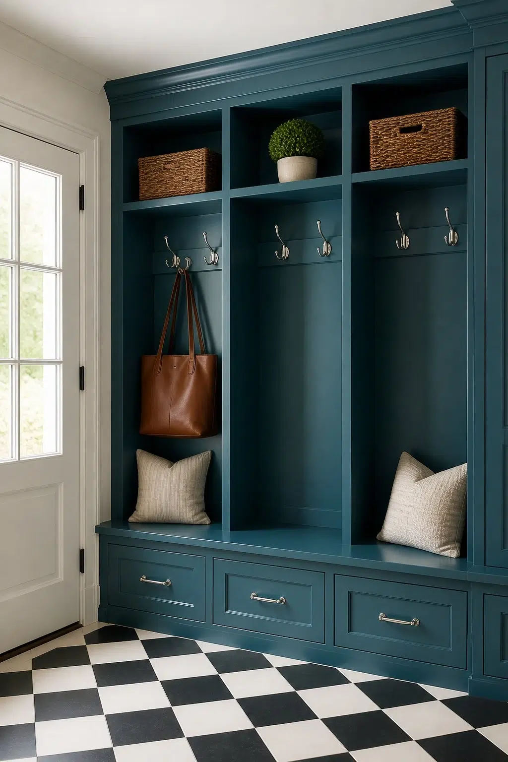 Amalfi paint in a classy mudroom