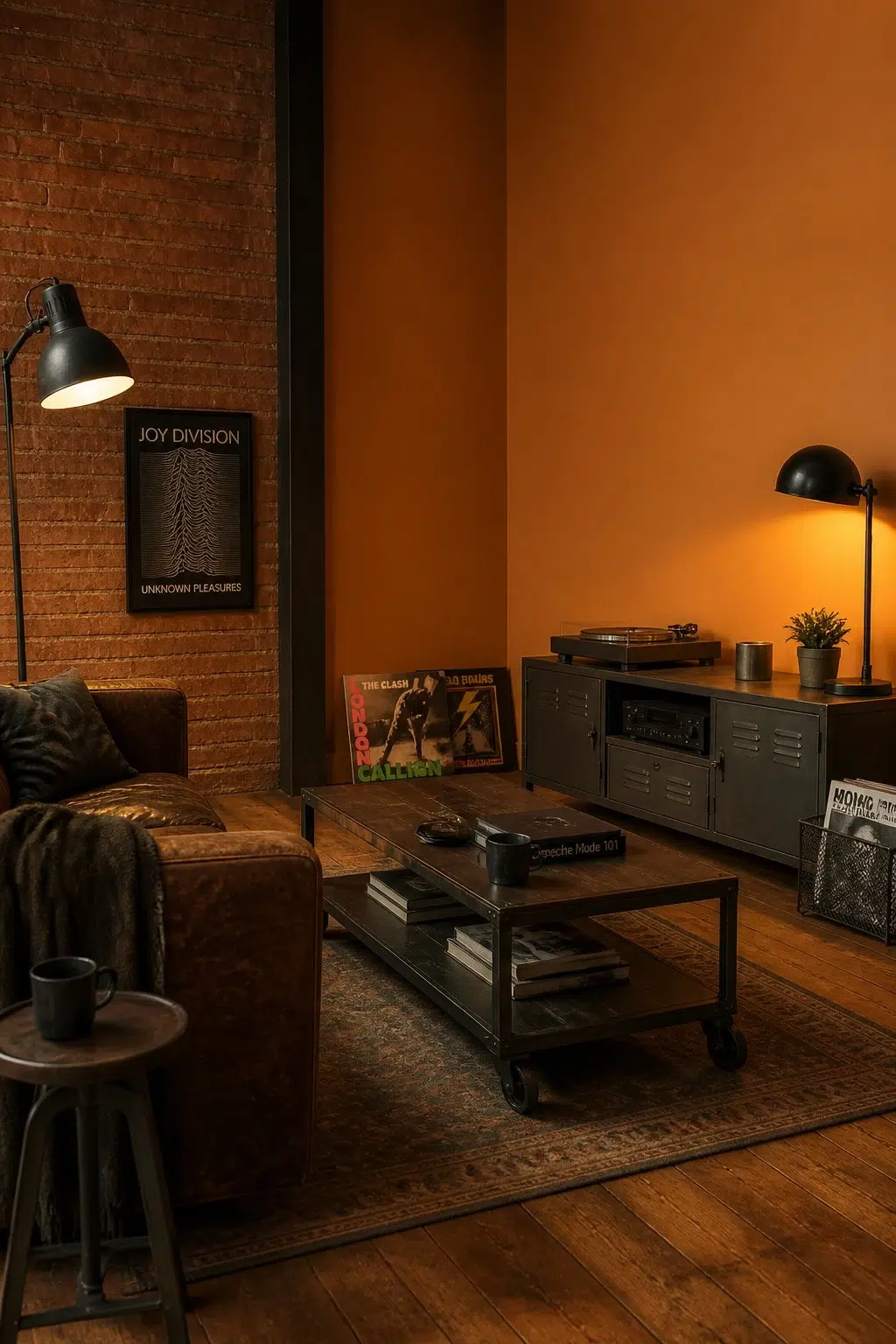 A industrial living room painted in Amber Wave