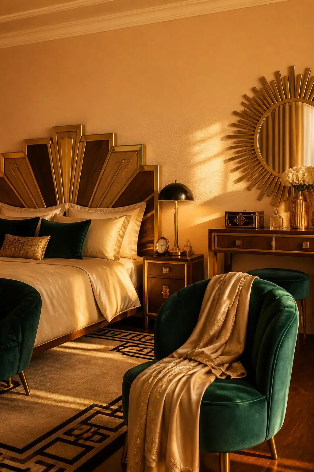 A art deco bedroom painted in Ambitious Amber