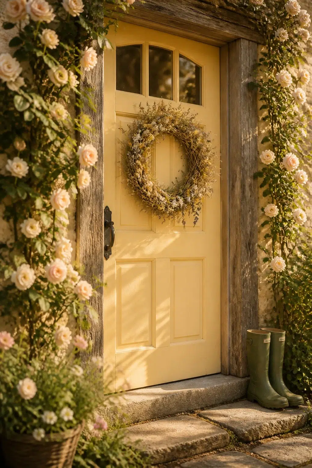 cottagecore front door featuring Ambitious Amber by Sherwin-Williams