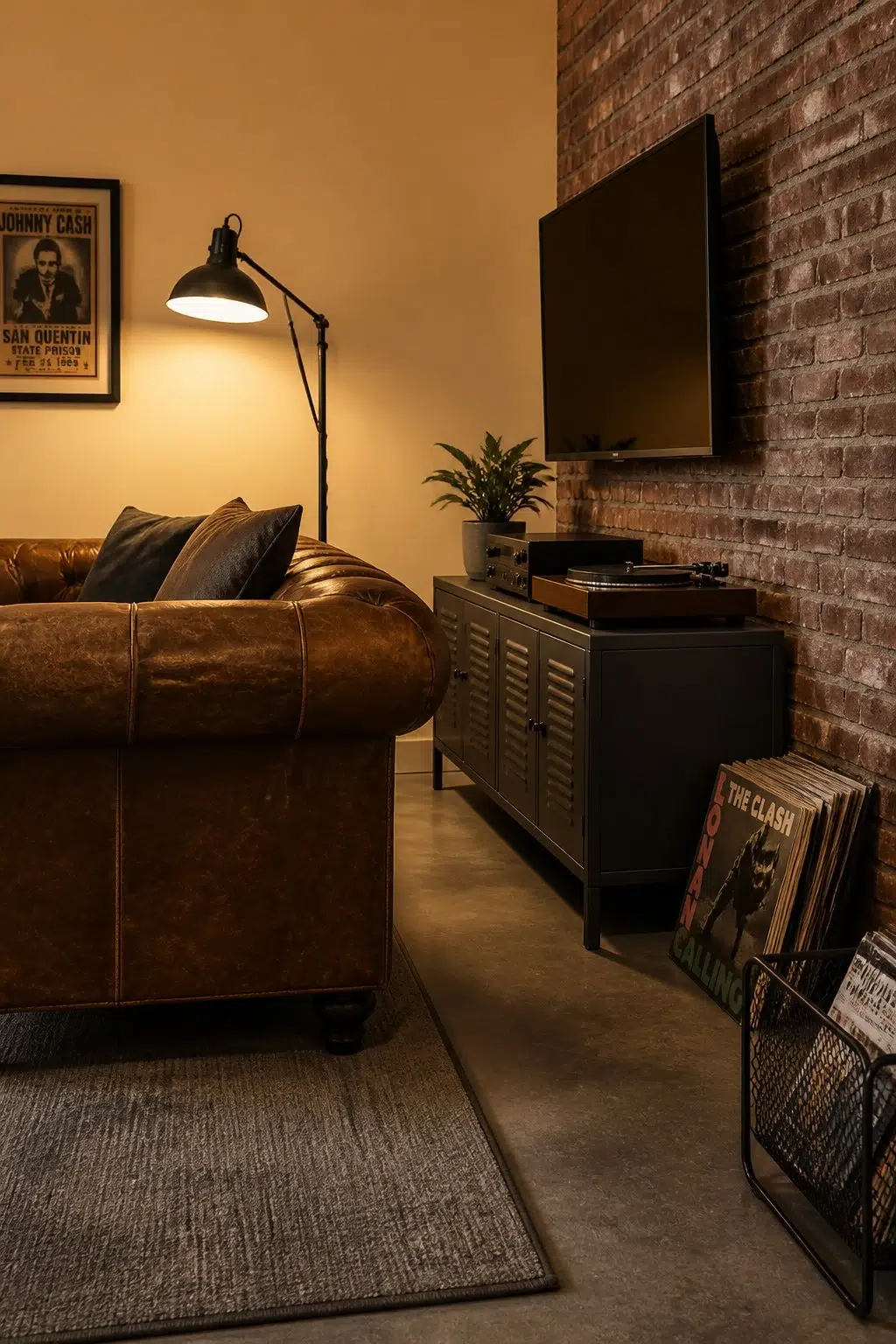 A industrial living room painted in Ambitious Amber