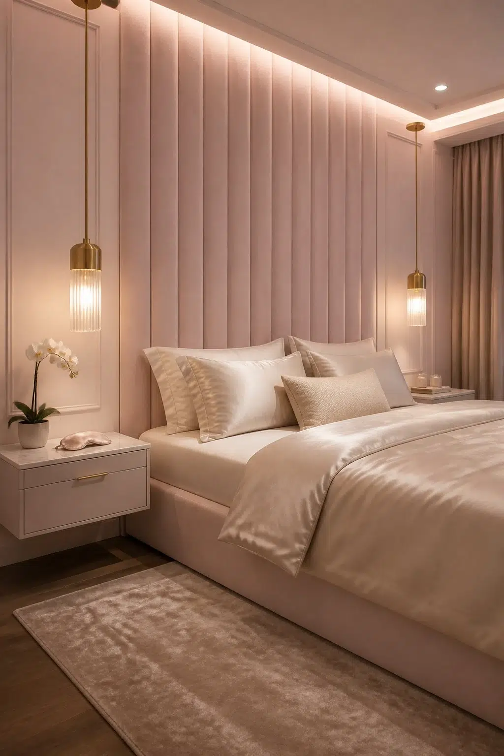 A modern luxury bedroom painted in Anemone
