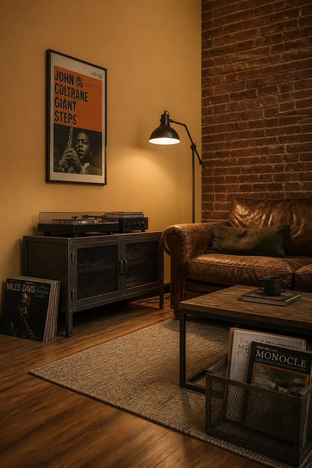 A industrial living room painted in Anjou Pear