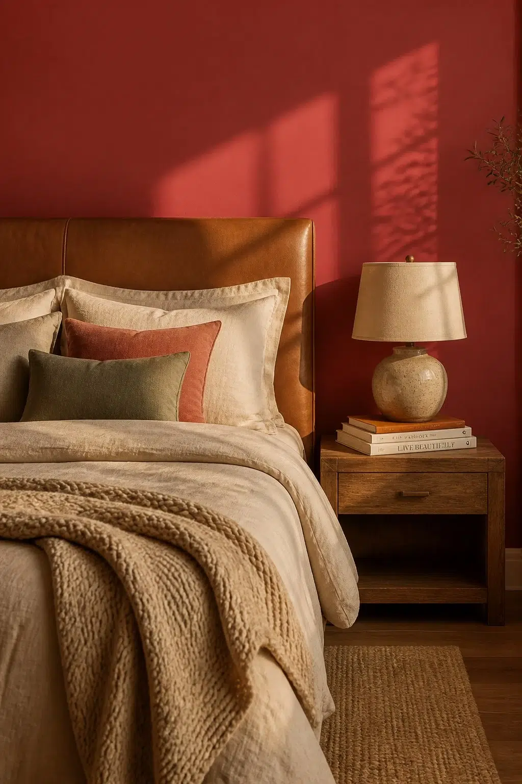 A cozy bedroom painted in Antique Red