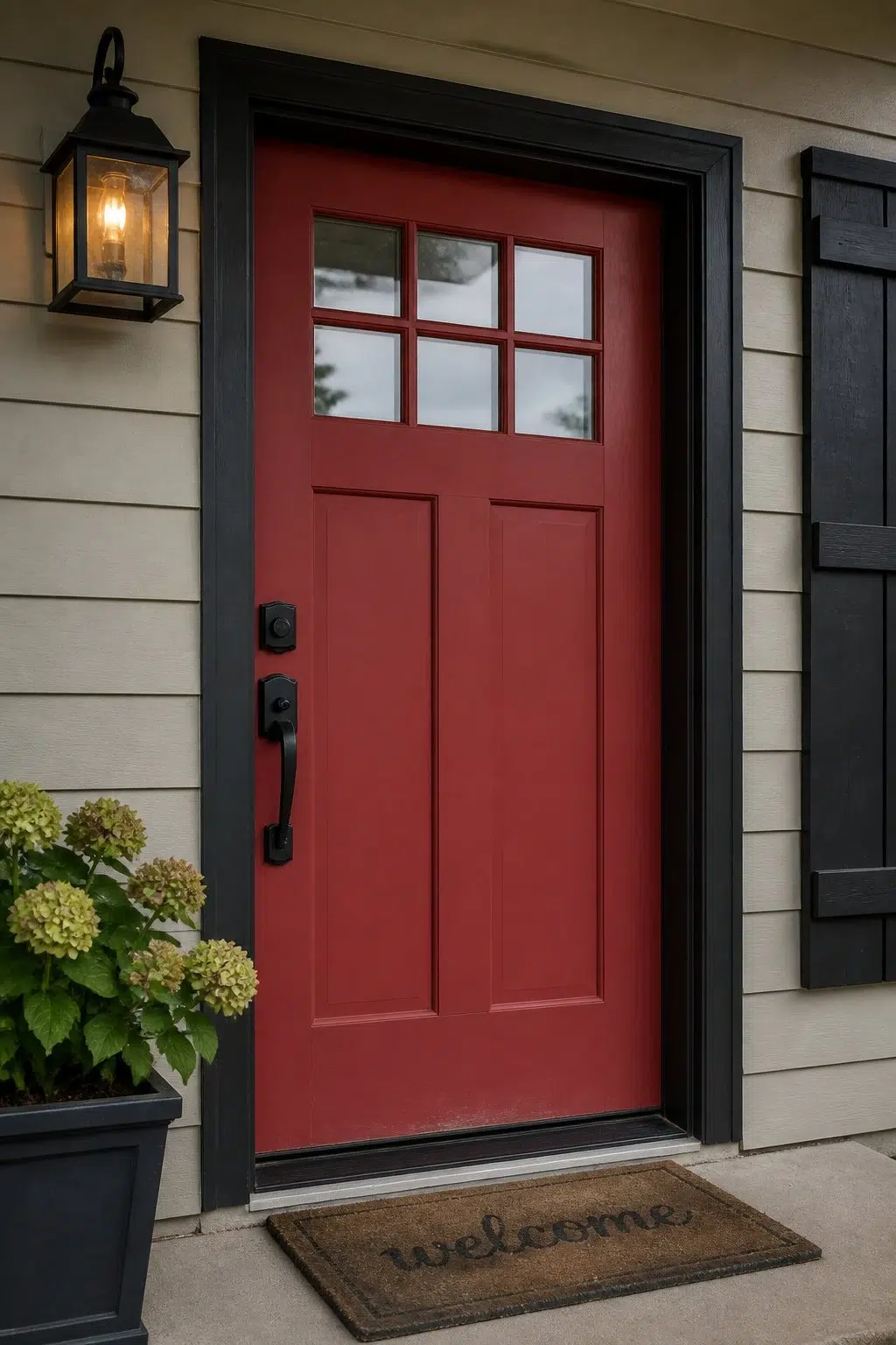 bold front door featuring Antique Red by Sherwin-Williams