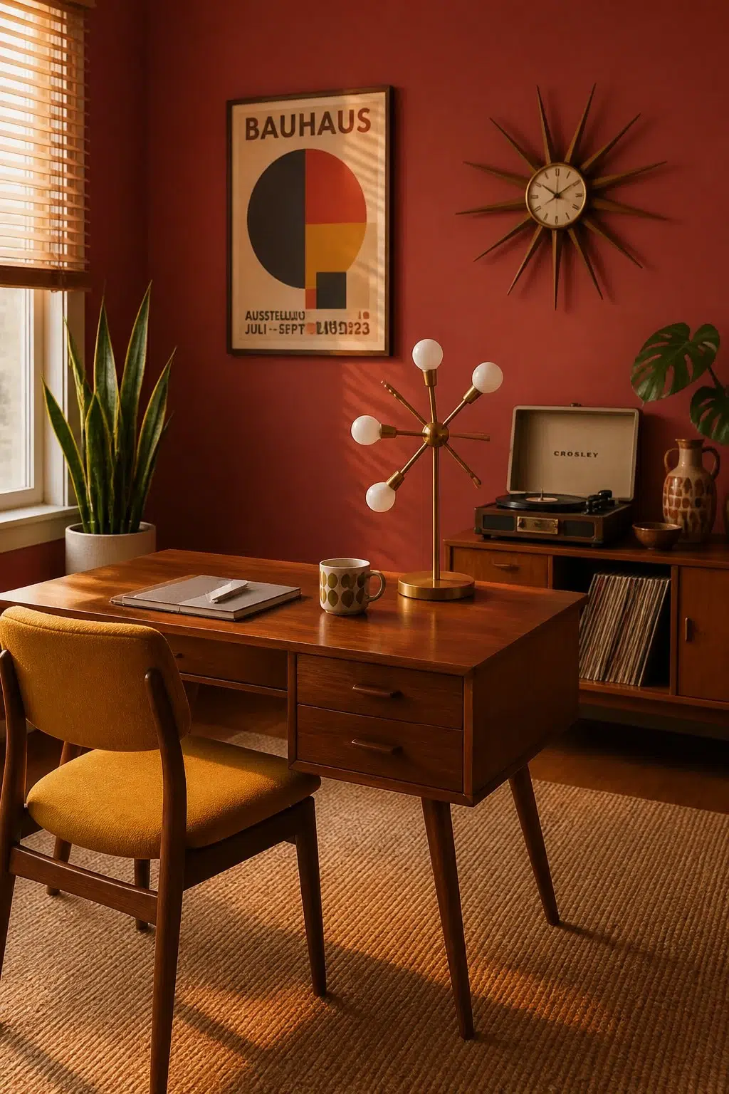 Sherwin-Williams Antique Red in a mid century home office