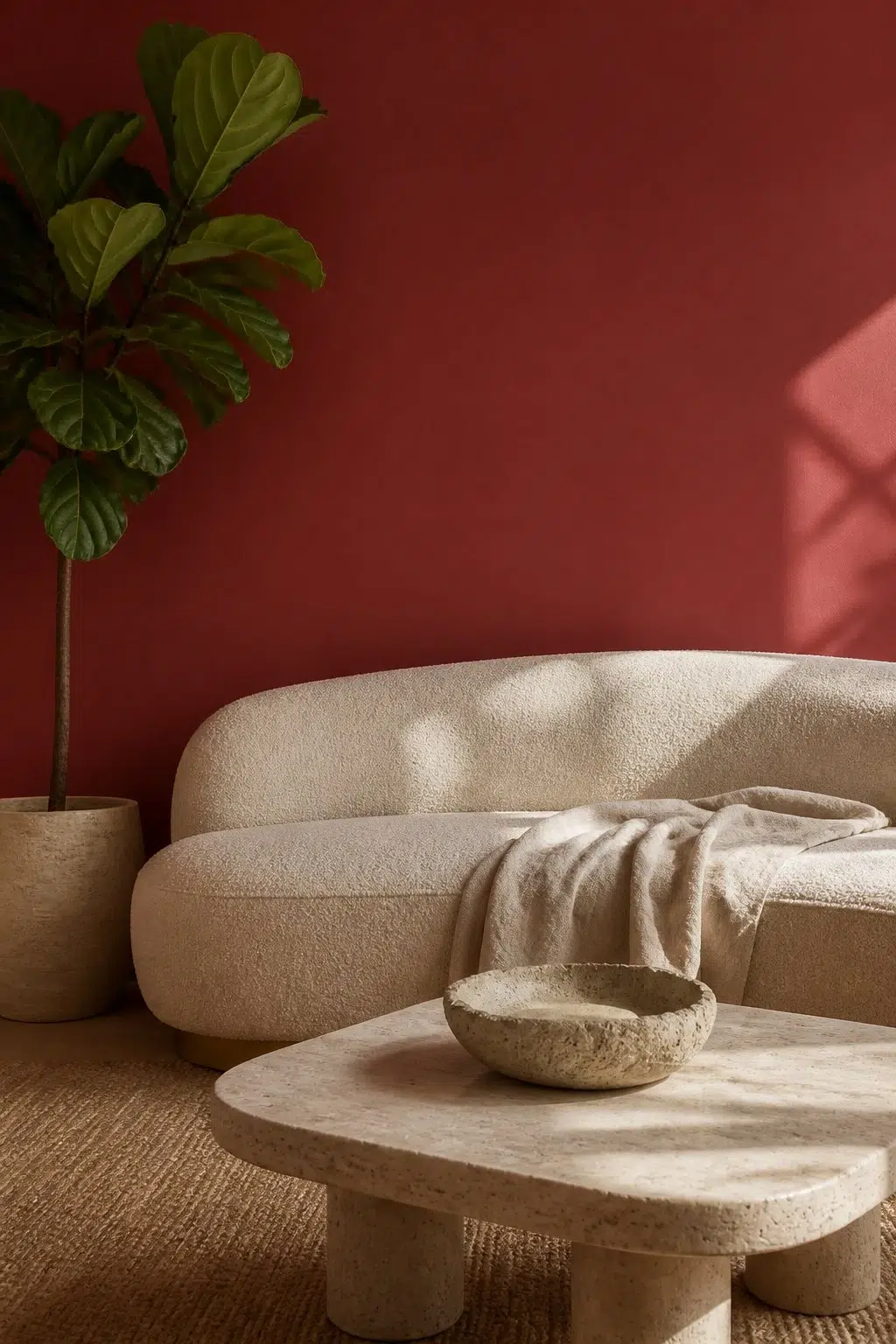 A organic modern living room painted in Antique Red