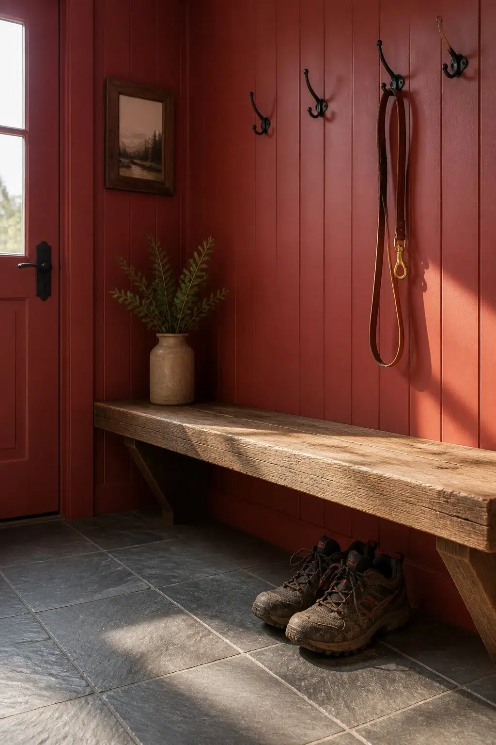 Antique Red paint in a rustic modern mudroom