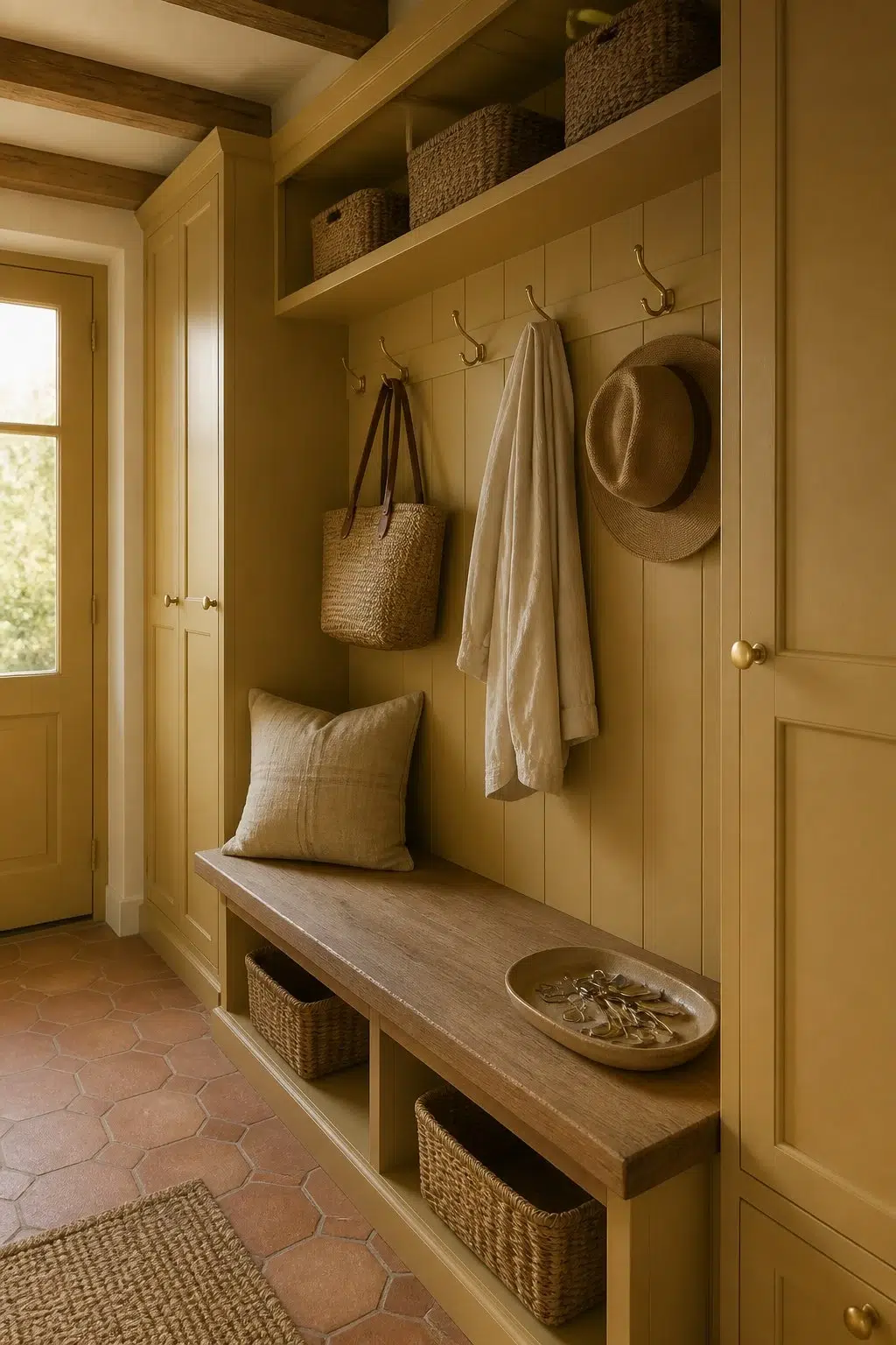 Antiquity paint in a earthy mudroom