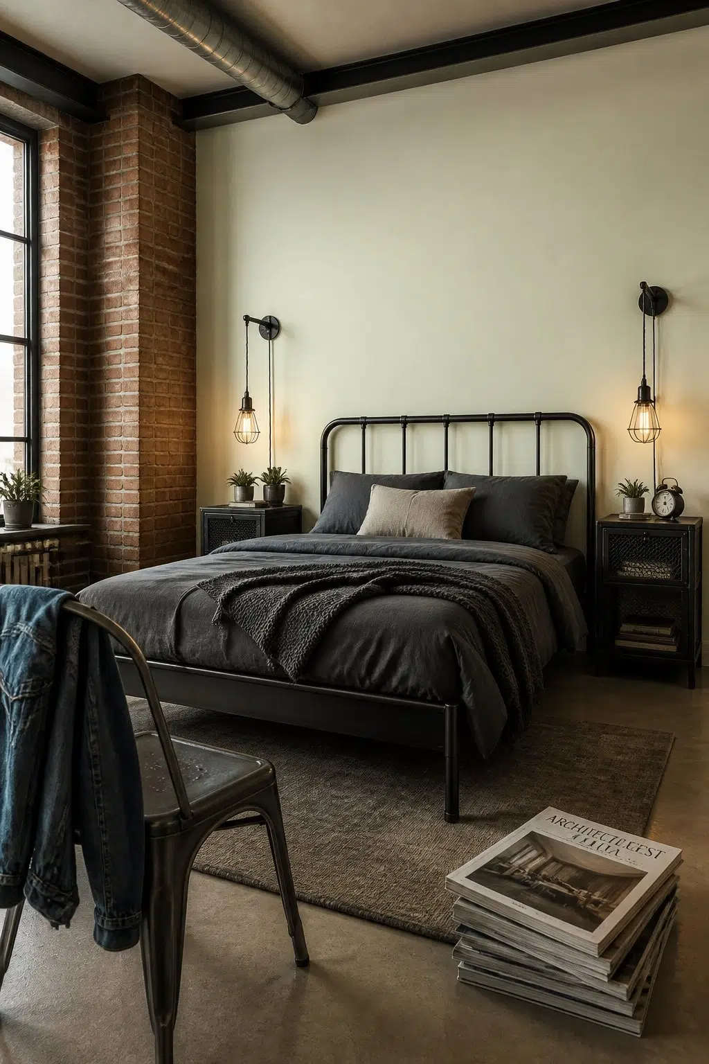 A industrial bedroom painted in Apple Slice