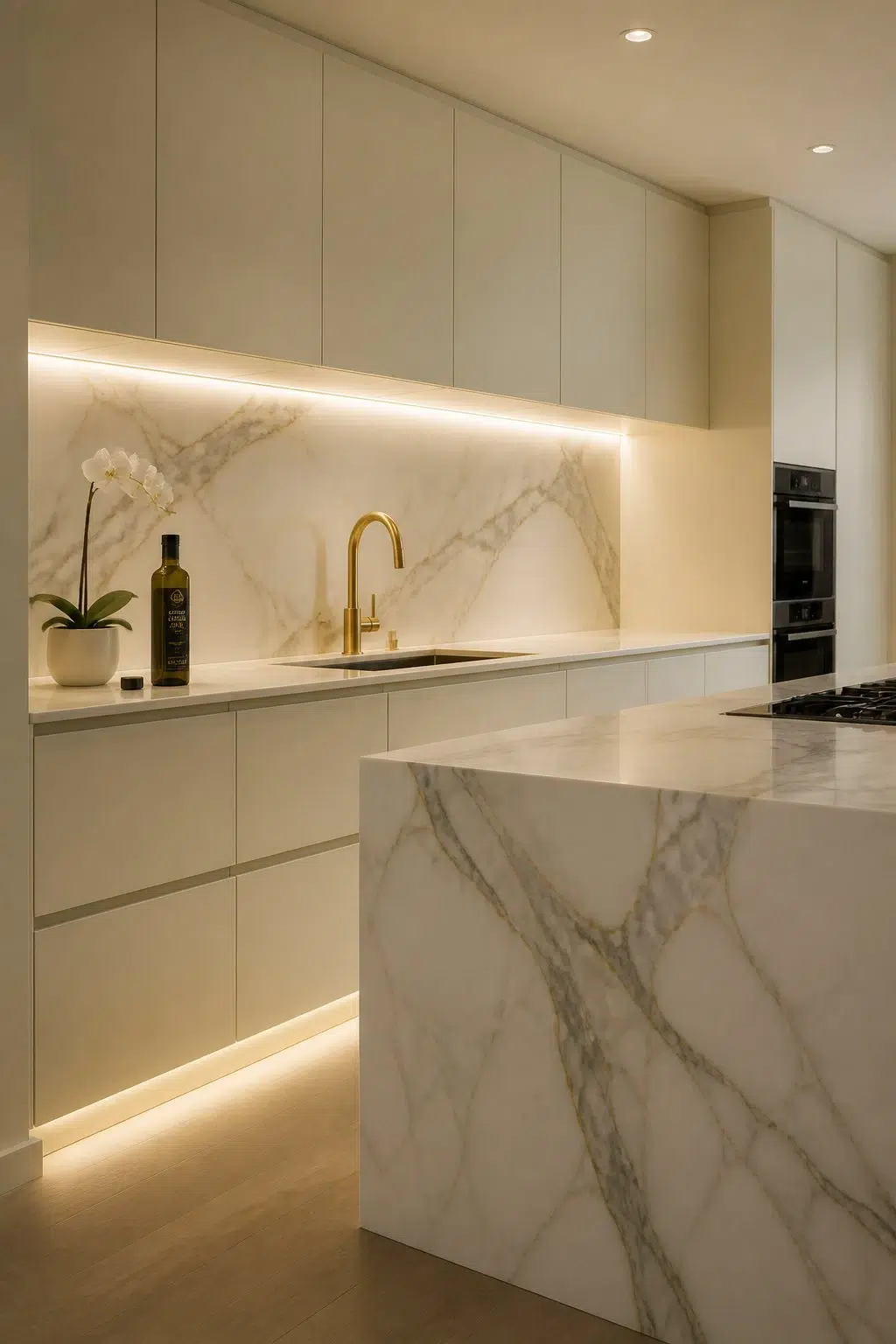 A modern luxury kitchen painted in Apple Slice