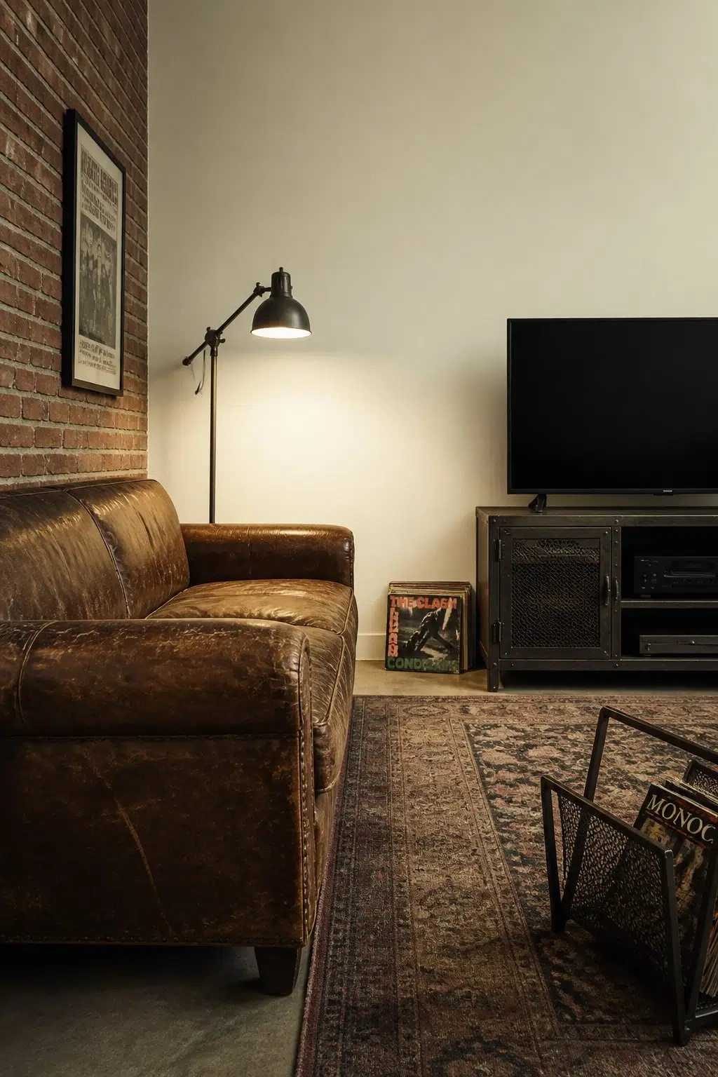 A industrial living room painted in Apple Slice