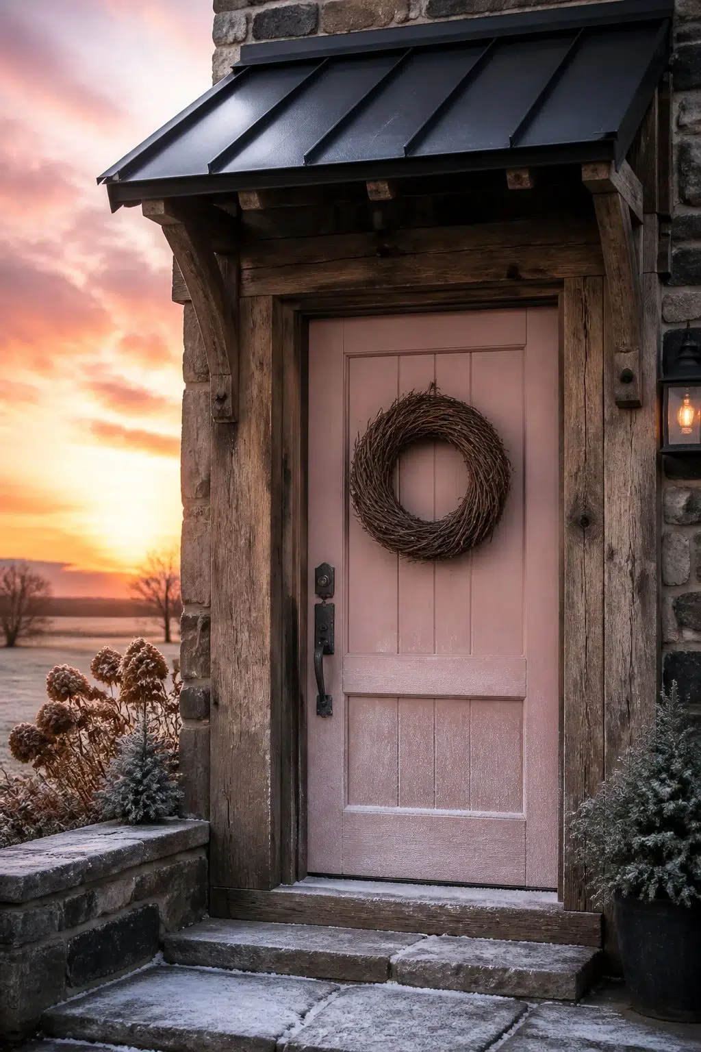 rustic modern front door featuring Appleblossom by Sherwin-Williams