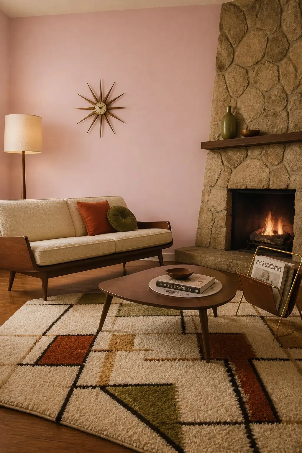 A mid century living room painted in Appleblossom