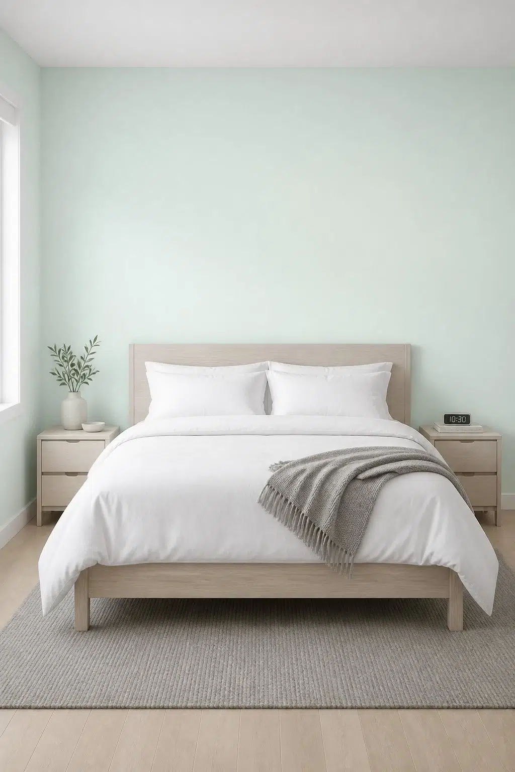 A scandinavian bedroom painted in Aquacade 226