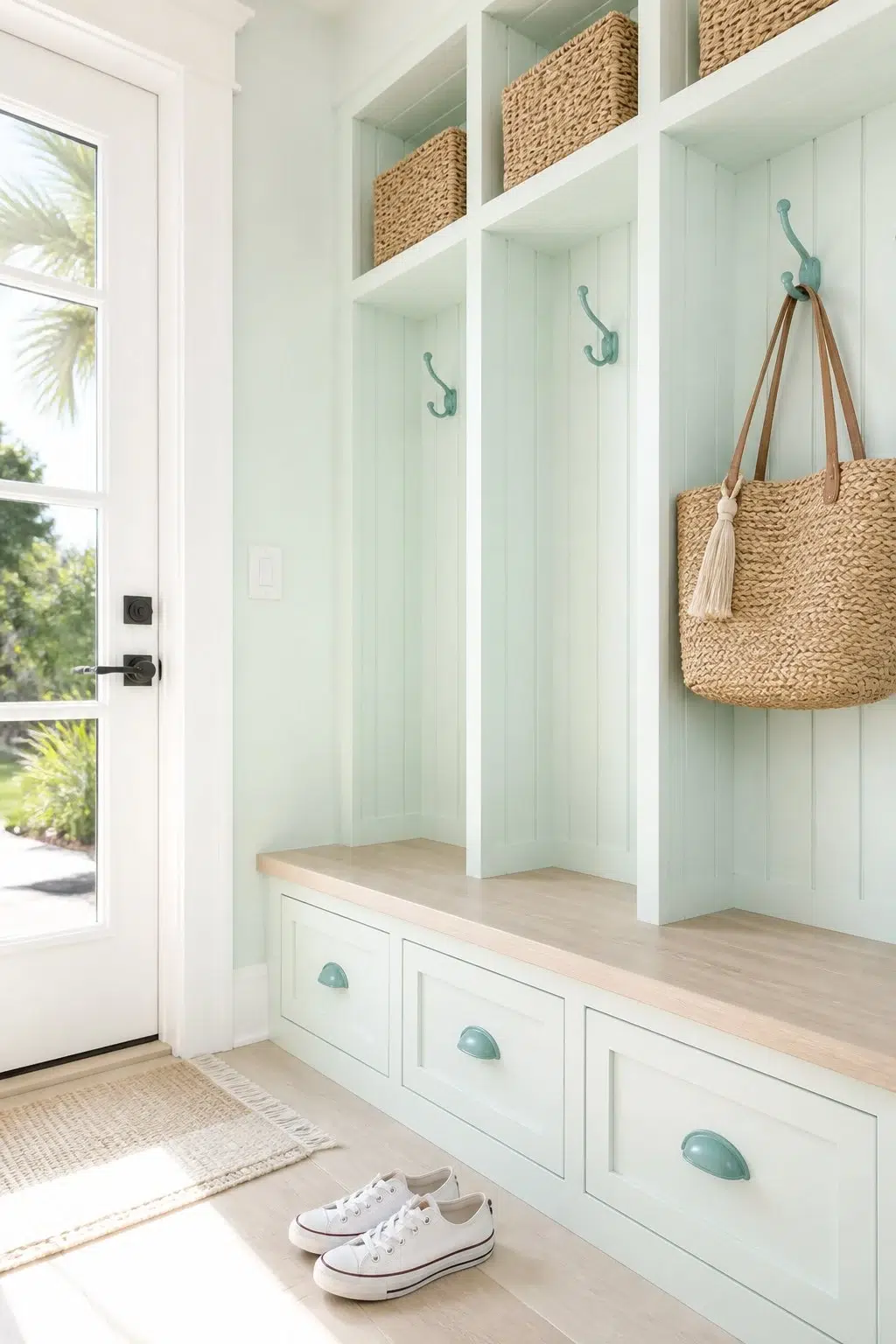Aquacade 226 paint in a coastal mudroom
