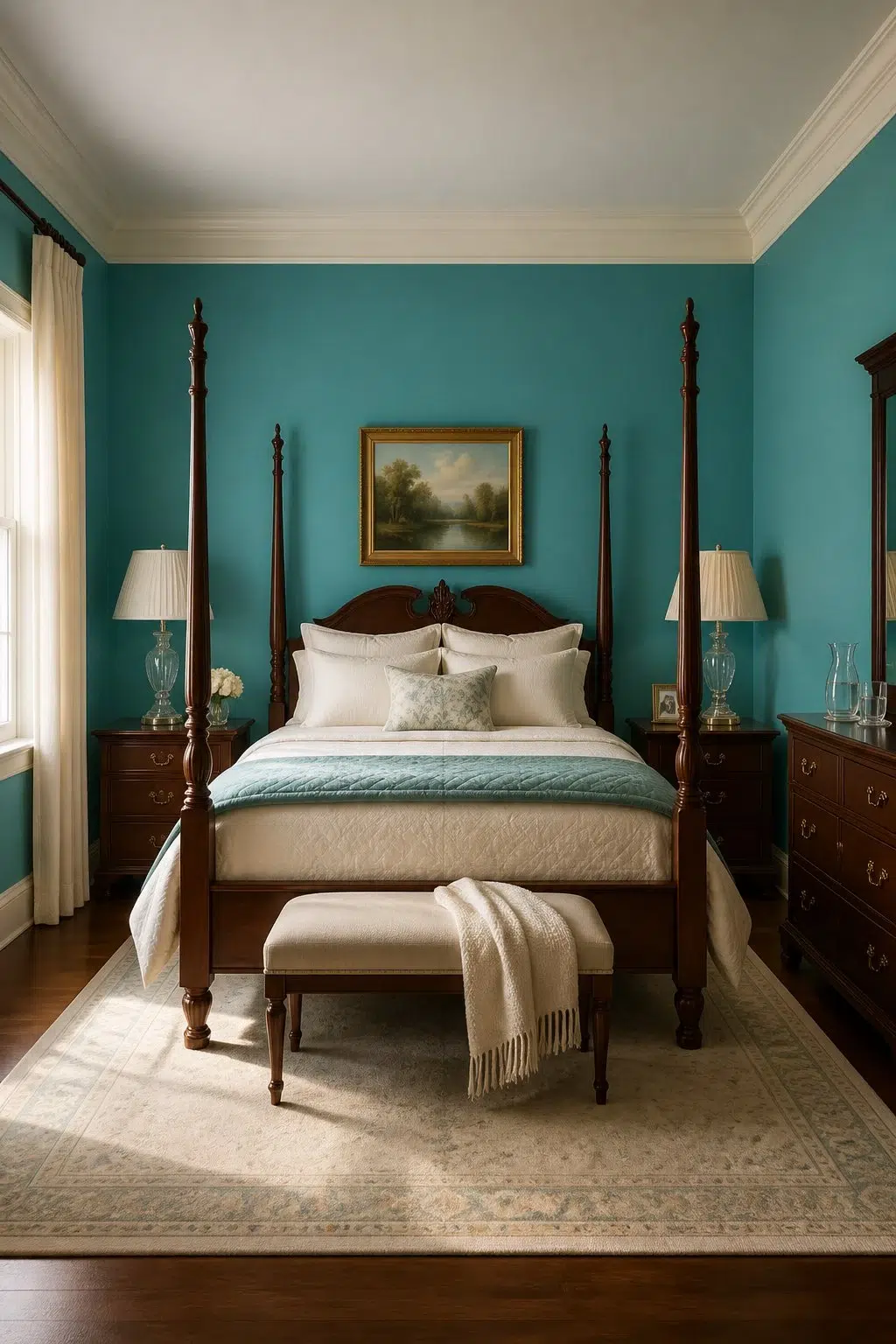 A traditional bedroom painted in Aquarium