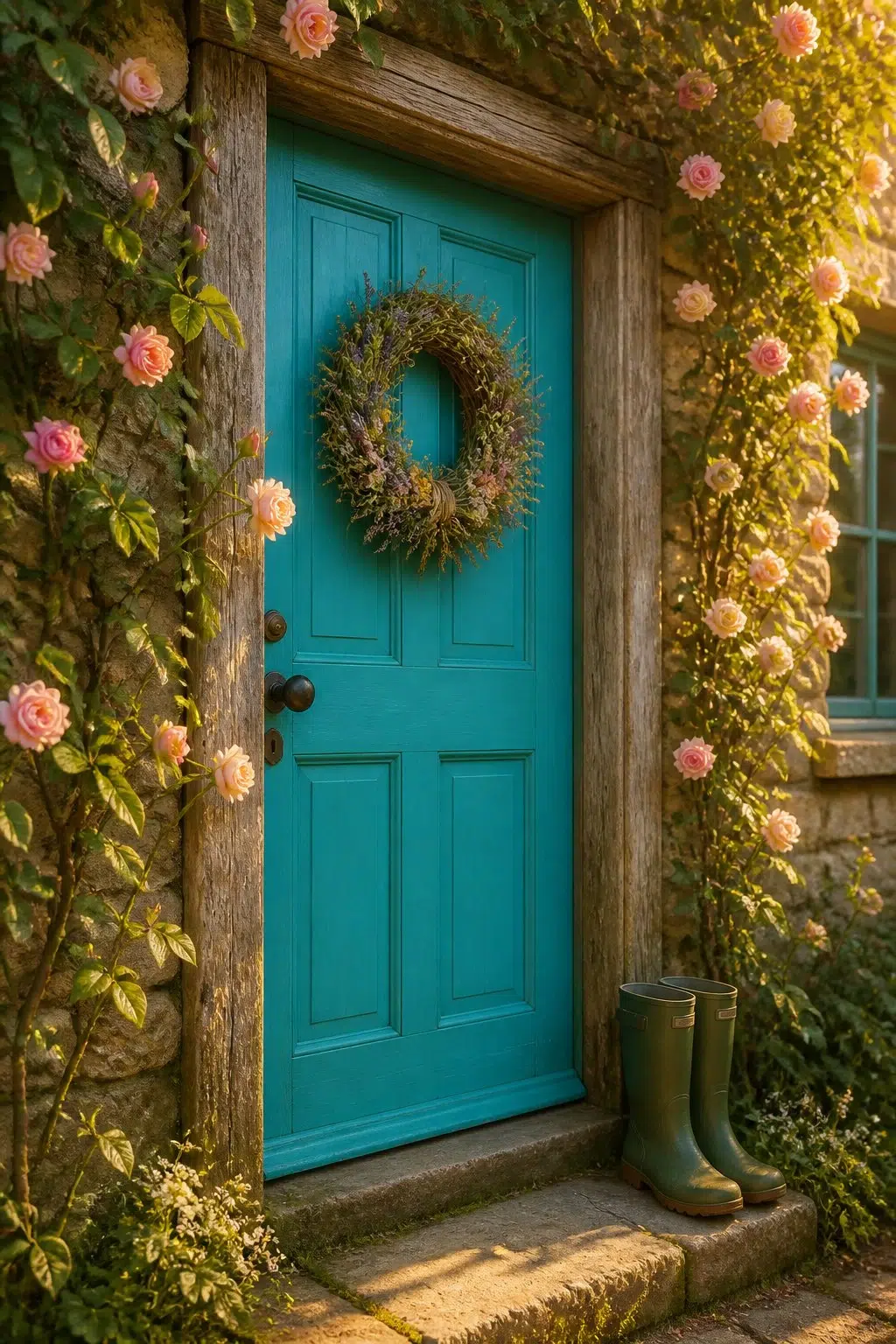cottagecore front door featuring Aquarium by Sherwin-Williams