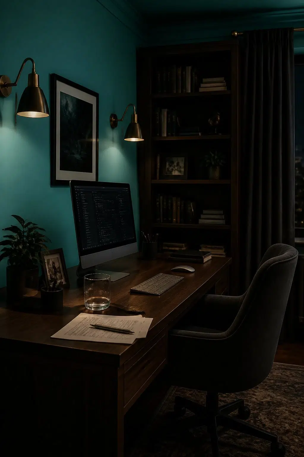Sherwin-Williams Aquarium in a moody home office