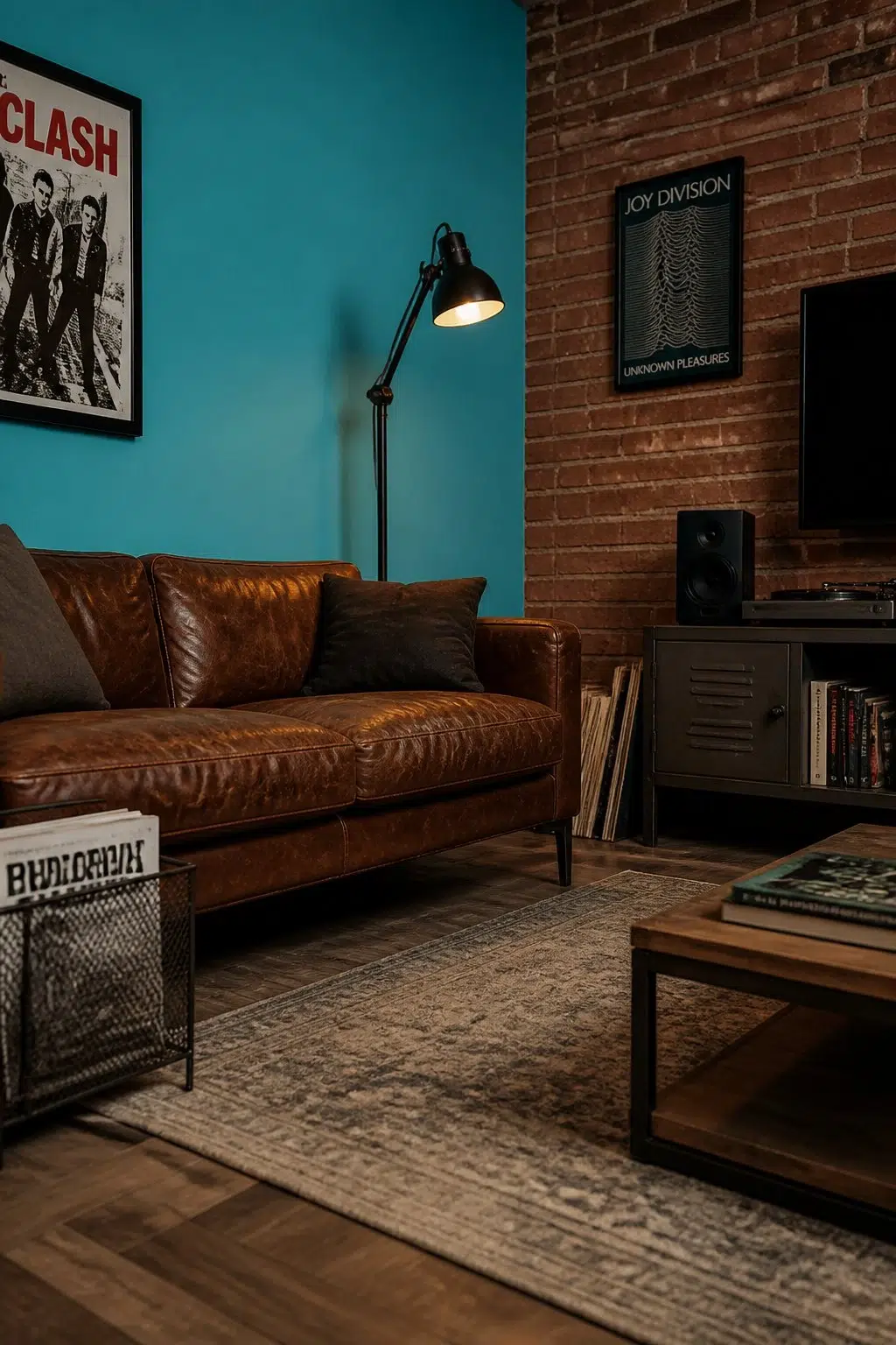 A industrial living room painted in Aquarium