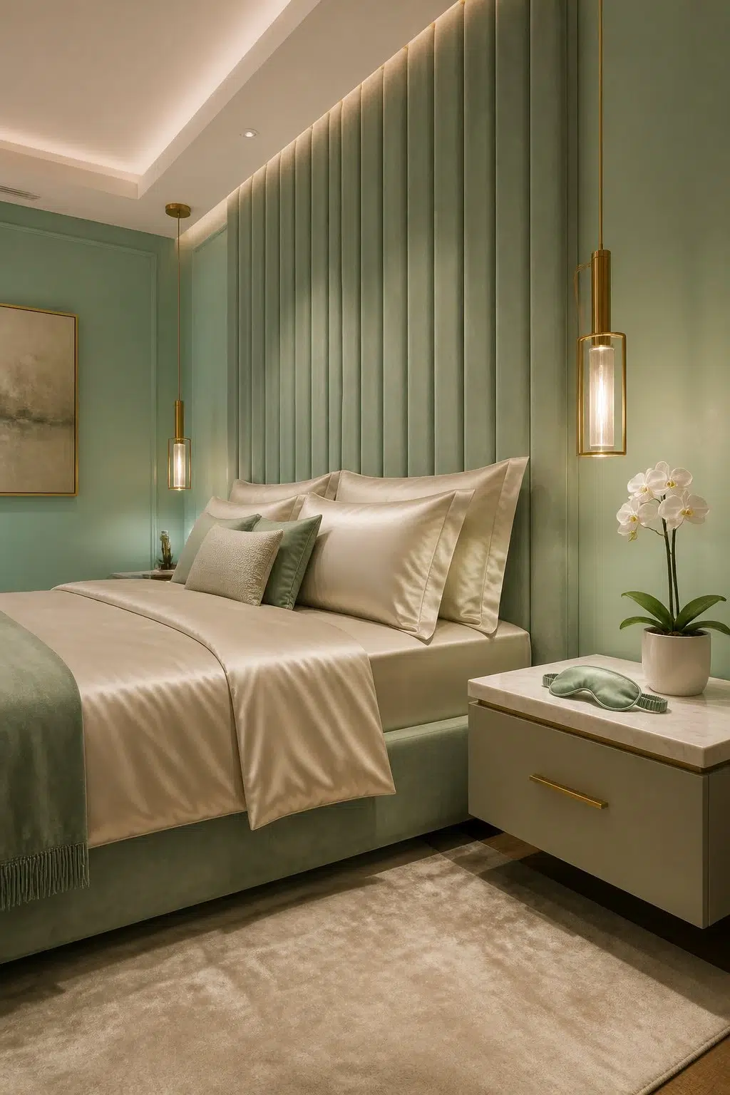 A modern luxury bedroom painted in Aquastone