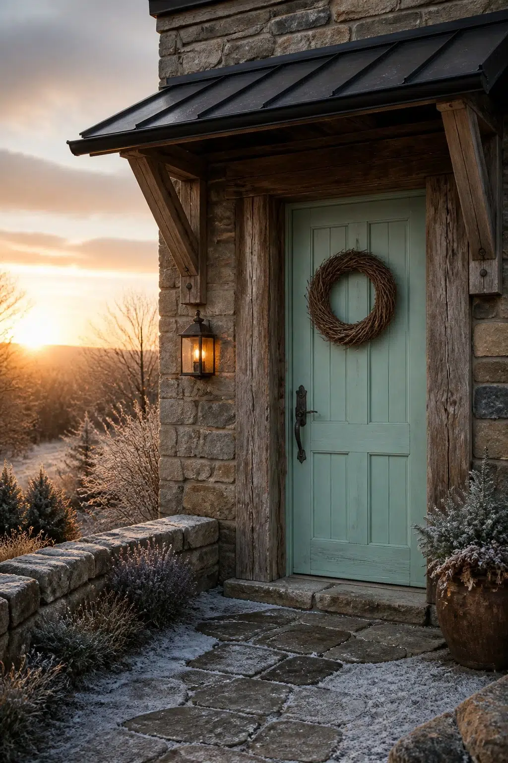 rustic modern front door featuring Aquastone by Sherwin-Williams