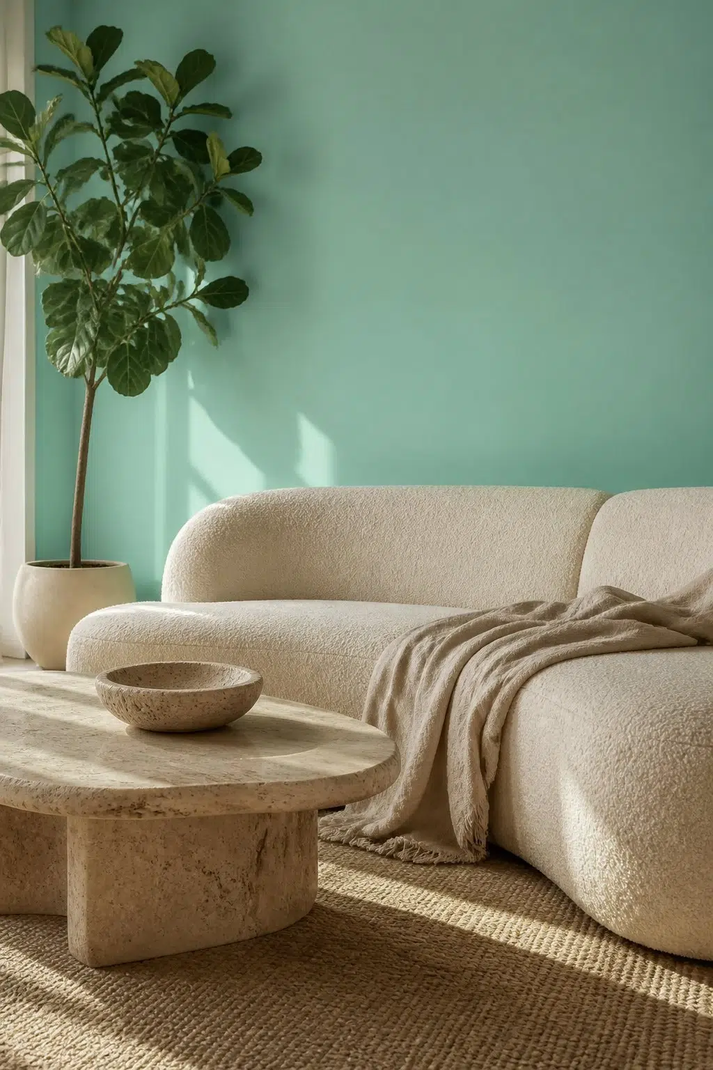 A organic modern living room painted in Aquastone