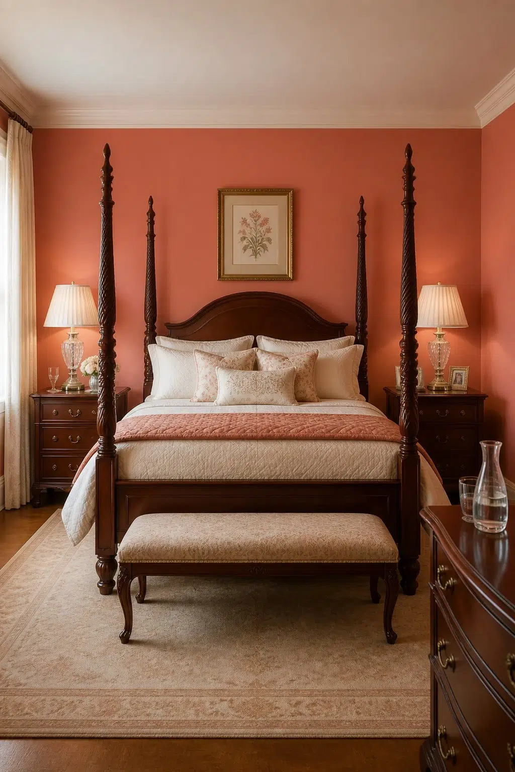 A traditional bedroom painted in Ardent Coral