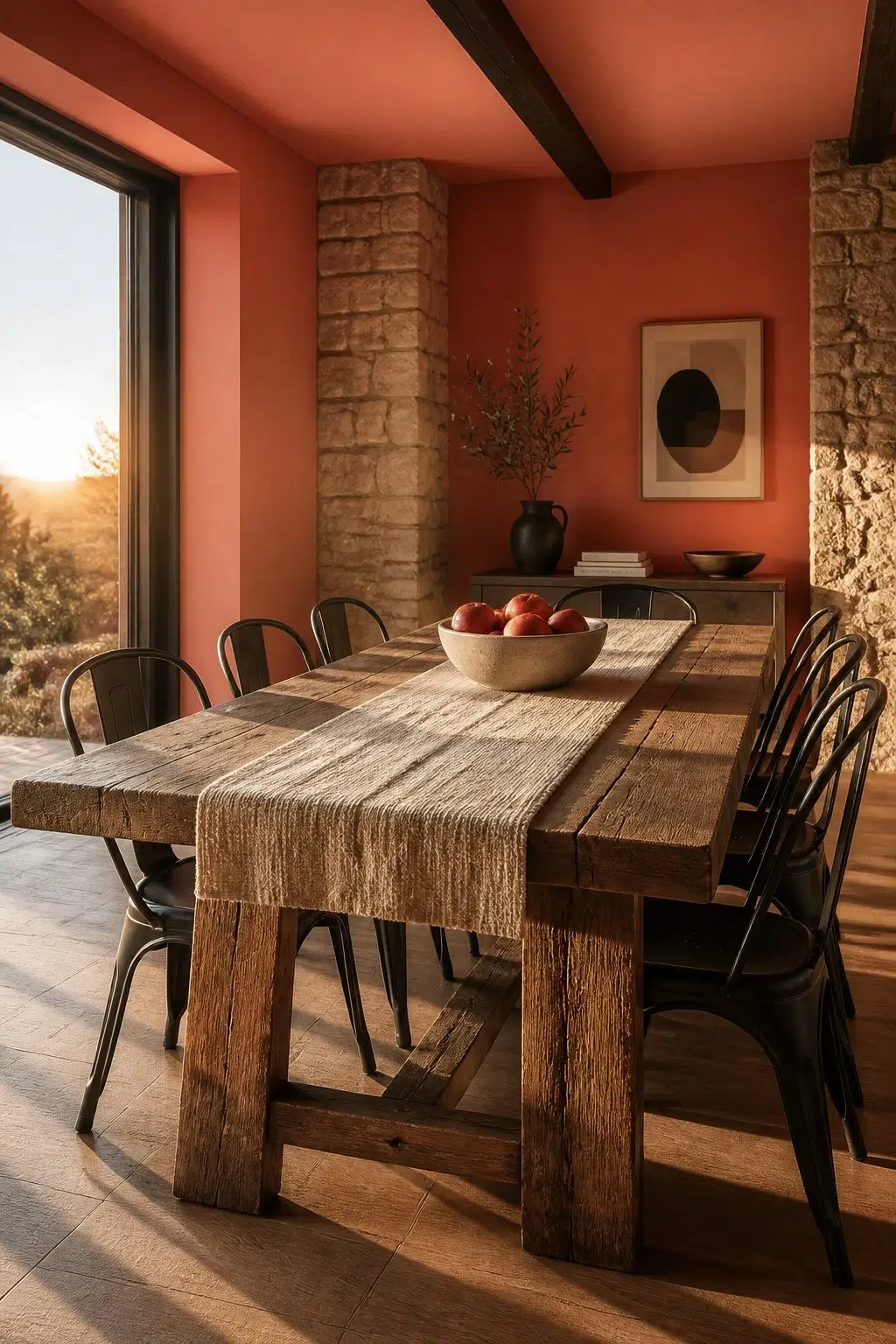 Ardent Coral paint in a rustic modern dining room