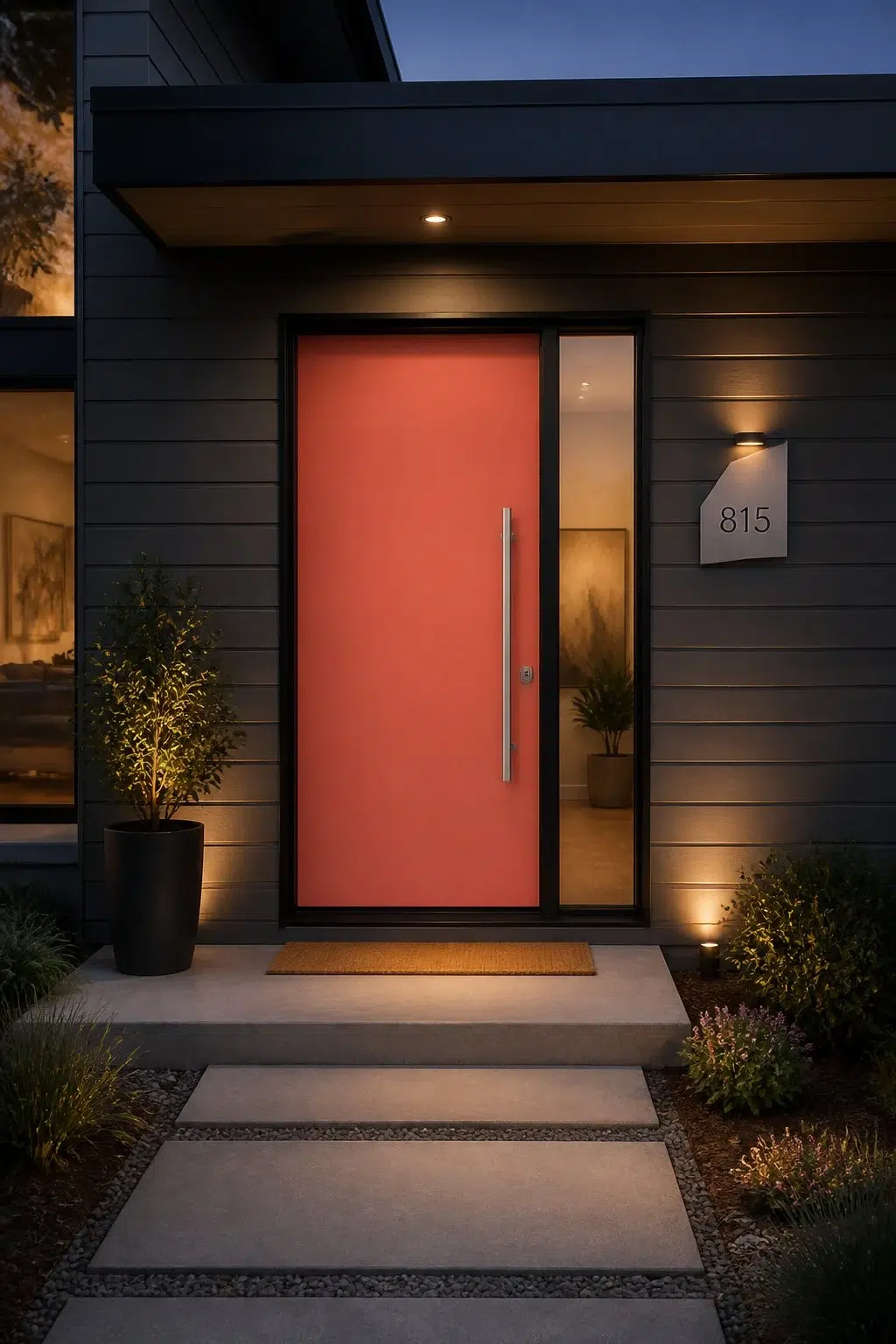 stylish front door featuring Ardent Coral by Sherwin-Williams
