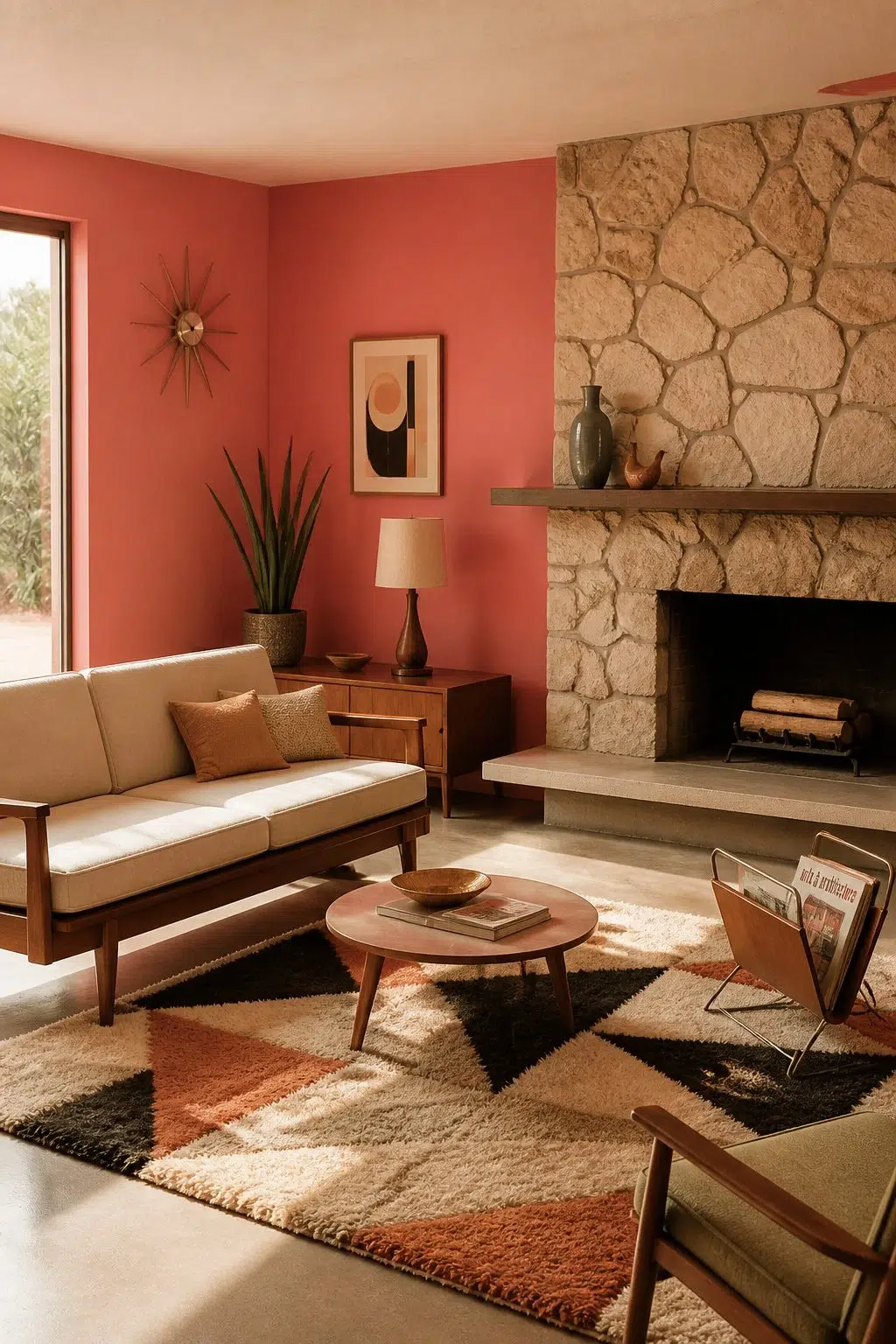 A mid century living room painted in Ardent Coral