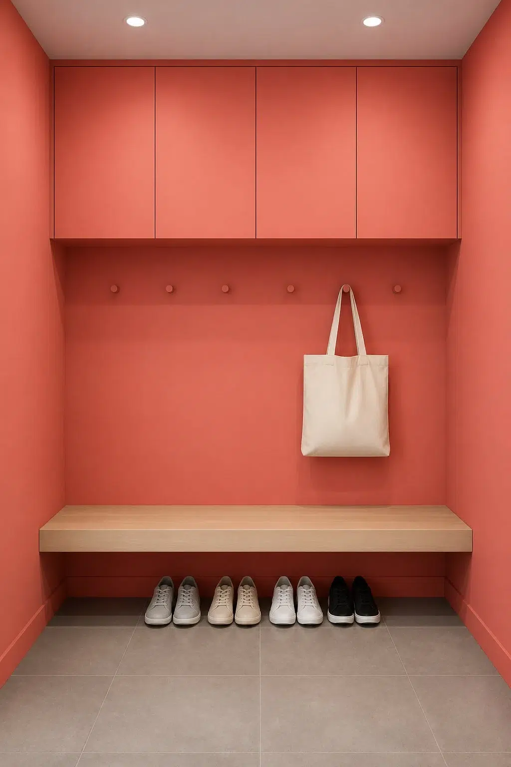 Ardent Coral paint in a neutral mudroom