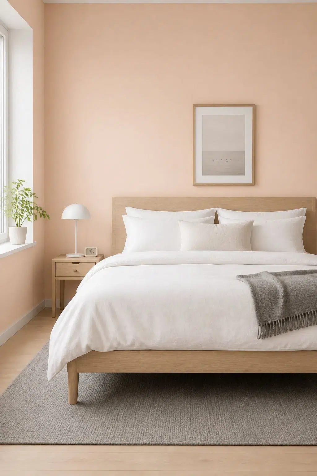 A scandinavian bedroom painted in Aristocrat Peach