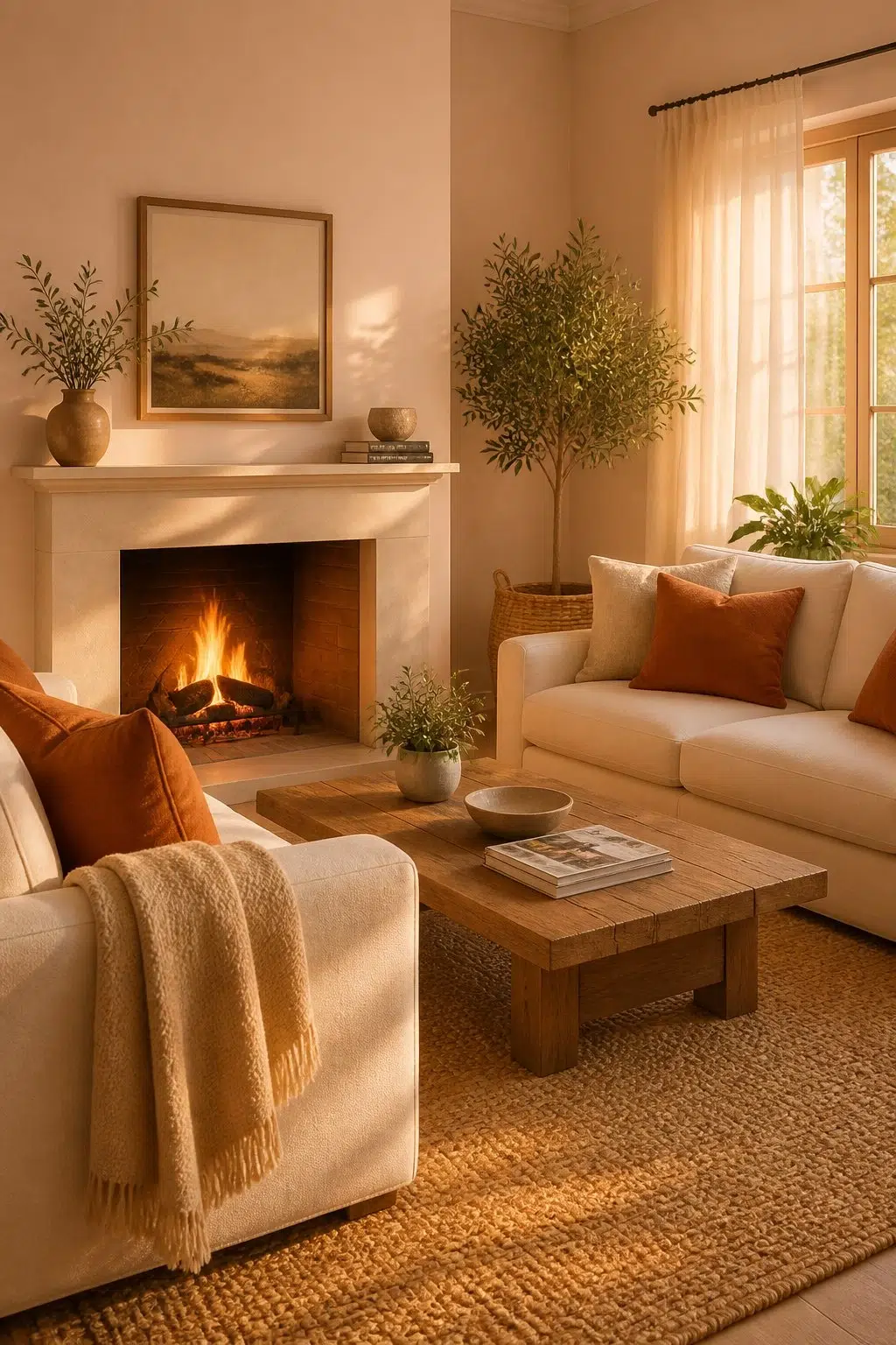 A cozy living room painted in Aristocrat Peach