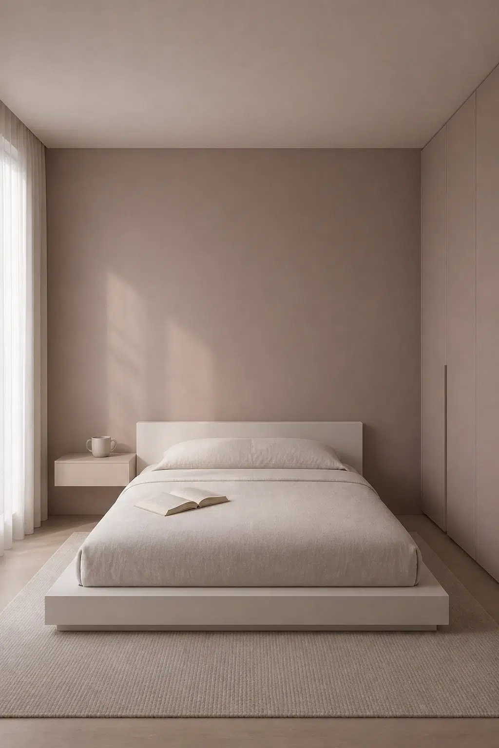 A minimalist bedroom painted in Armadillo